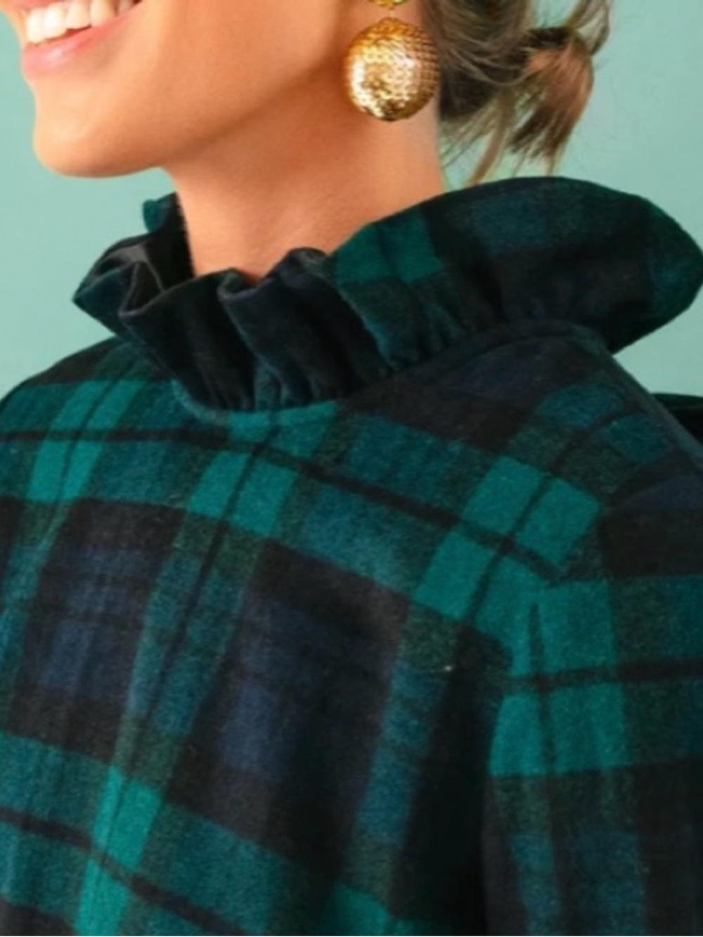 Tuckernuck Daphne Ruffle Tie-Back Wool Blend Top Blackwatch Plaid Small Preppy - Picture 2 of 14
